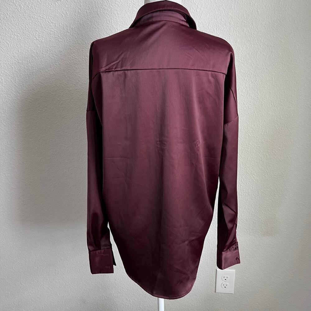 Nasty Gal Dark Red Oversized Button Down Shirt Women's 4 Shimmer Long Sleeves - Picture 4 of 7